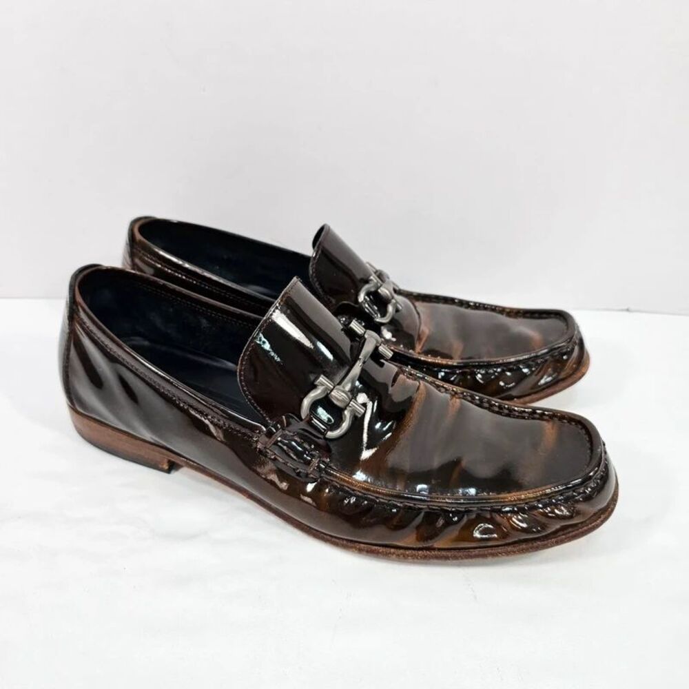 Salvatore Ferragamo Men’s Brown Patent Leather Gancini Bit Loafers Size 9.5 D